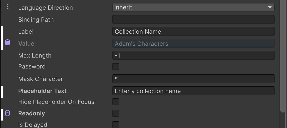 UxmlAttributeFieldDecorator in four states: default, override, data binding resolved, and data binding unresolved