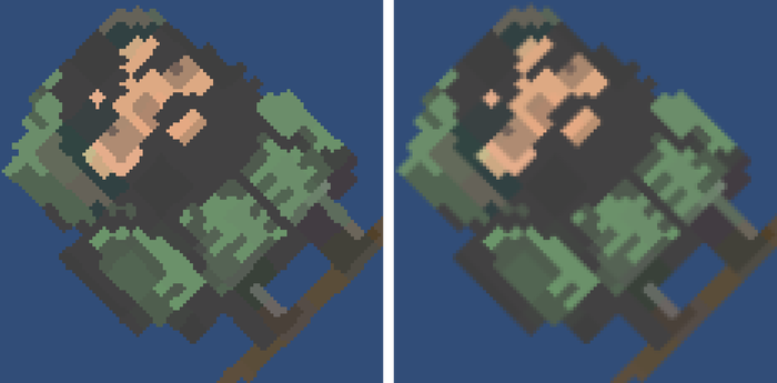 An image of a 2D character rotated 45 degrees. On the left, Filter Mode is set to Point. On the right, Filter Mode is set to Retro AA.