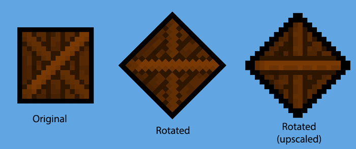 A crate sprite with 16 x 16 pixels. With Grid Snapping set to None, Unity renders high-resolution diagonal lines when the pixels rotate 45 degrees. With Grid Snapping set to Upscale Render Texture, Unity renders diagonal lines at the original 16 x 16 resolution, and the pixels stay upright and square.
