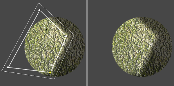 Left: A 2D freeform light in the Editor window. Right: The resulting light effect. The object is lit by the polygon shape of the Freeform Light.