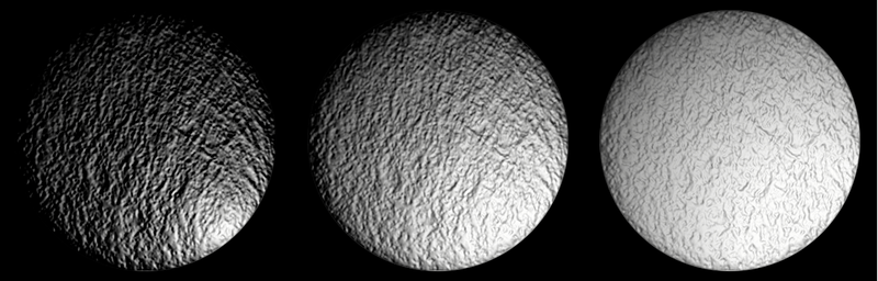 A rough normal map on three circular textures, all lit from the bottom-right. The Distance is set to 0.5, 2, and 8. When the Distance value is lower, the light appears closer and highlights the normal map details from a sharper angle.