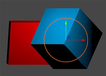 This shows two 3D cubes - one red and the other blue - are rendered on top one another when you select None and there is no sprite mask interaction. The Sprite mask is displayed as an orange circle outline.