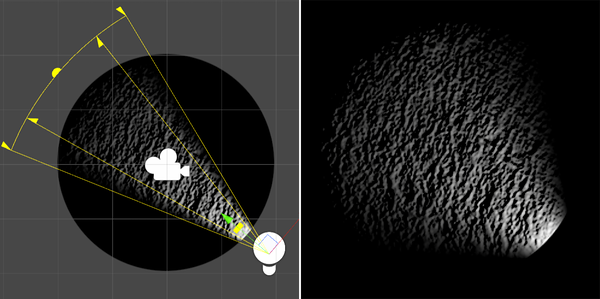 Left: A 2D spot light in the Editor window. Right: The resulting light effect. The sprite is lit from one direction.