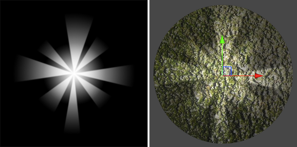 Left: A 2D sprite light in the Editor window. Right: The resulting light effect. The sprite is lit in the shape of the selected sprite.