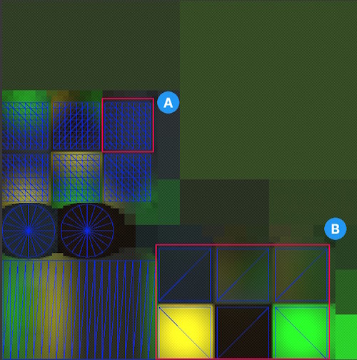 An example of a baked lightmap of a scene that contains a sphere (top-left), cylinder (left), and cube (bottom-right) lit by green and yellow Spot Lights. 