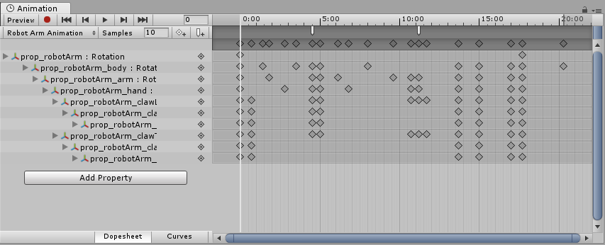 Dopesheet mode displays the keyframe positions of all animated properties within the Animation clip.