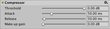 The AudioGroup Inspector displays the configurable properties of an Audio Compressor Effect.