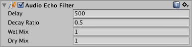 The AudioGroup Inspector displays the configurable properties of an Audio Echo Filter.