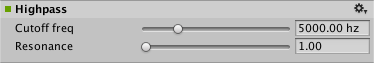 The AudioGroup Inspector displays the configurable properties of an Audio High Pass Effect.