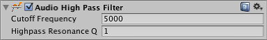 The AudioGroup Inspector displays the configurable properties of an Audio High Pass Filter.
