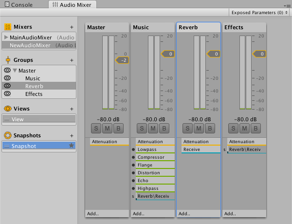 The Audio Mixer window displays Audio Groups called Master, Music, Reverb, and Effects. The Music group has multiple effect components, including a Compressor, Low Pass, High Pass, and Flange effects.