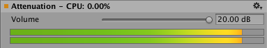 The Attenuation Unit section of the AudioGroup Inspector window, which includes the volume slider.