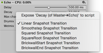 The transition overrides menu appears when right-clicking the Decay parameter of an Echo effect component in the AudioGroup Inspector.