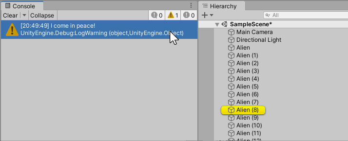 The Console window displays I come in peace! as a warning-level log message.