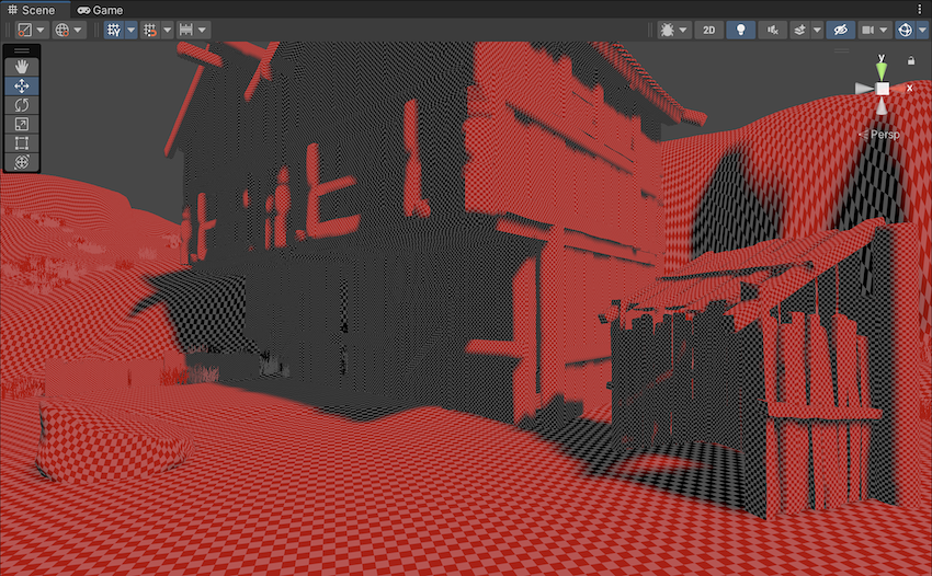 A wooden village scene in Shadowmask mode. All the GameObjects display the same dense checkerboard pattern as Baked Lightmap mode, but are now red to represent the shadow mask texture.