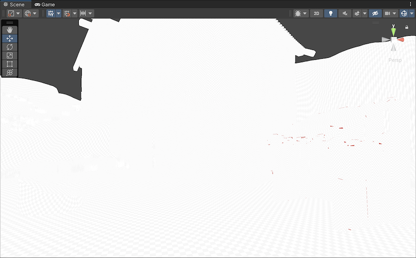 A wooden village scene in UV Overlap mode. Small red areas on the edges of a small building highlight UV overlaps.