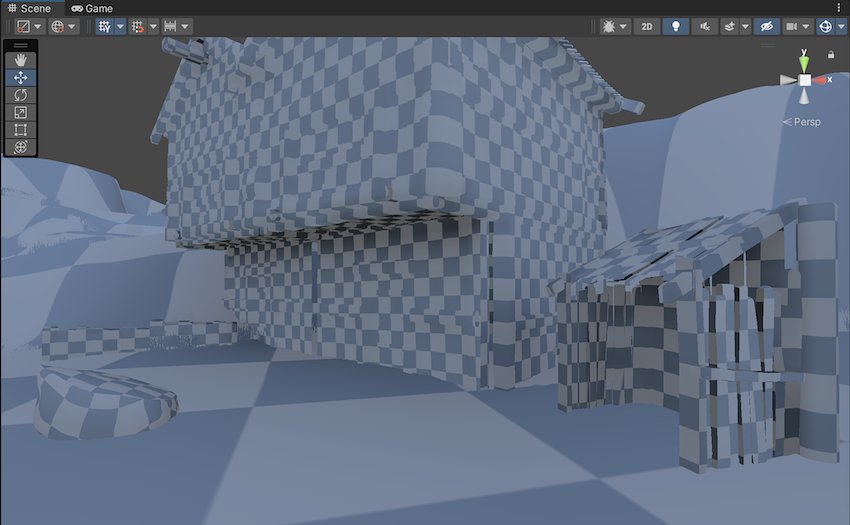 A wooden village scene in Indirect mode. Each GameObject displays a checkerboard pattern representing lightmap texels.