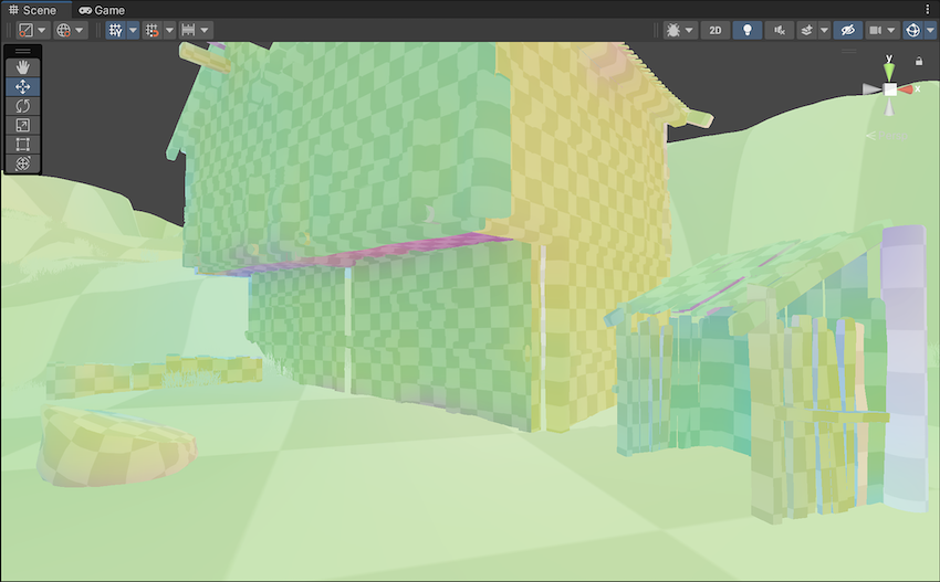 A wooden village scene in Directionality mode. Each GameObject displays a similar checkerboard pattern to Indirect mode, using a different color depending on the direction the geometry faces.