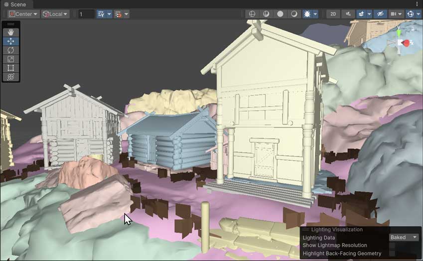 A wooden village scene in Lightmap Indices mode. Different GameObjects are different pastel colors, to represent different lightmaps.