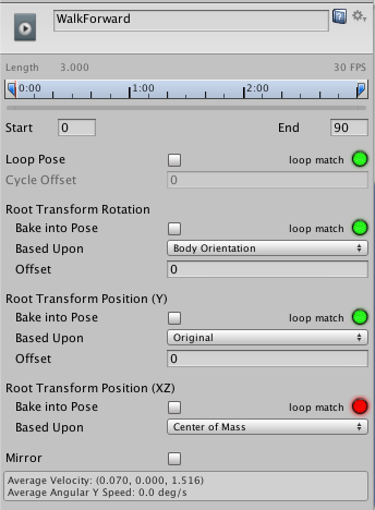 The Root Transform settings in the Animation Clip Inspector