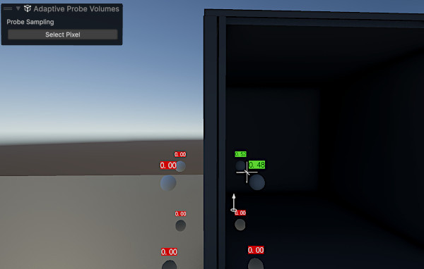 A dark, unlit interior of a box on the right and a simple gradient sky and ground on the left. Gray probe spheres are scattered across the four areas defined by the horizontal ground line and the vertical box plane. At a sampling point for a pixel inside the box, Unity evaluates eight surrounding probes. The four lower probes are embedded in the ground, making them invalid, and Unity never samples them. Among the valid upper probes, rendering layers limit sampling to those that match the layer mask. The two upper-right probes assigned to the interior layer are selected.