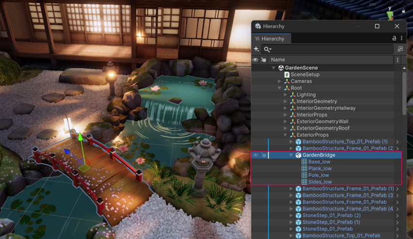 Selected GameObjects are highlighted and visible in the Scene view.