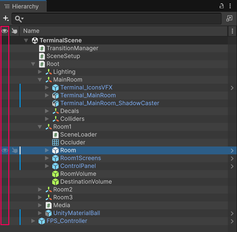 The Visibility column and its icons in the Hierarchy window.