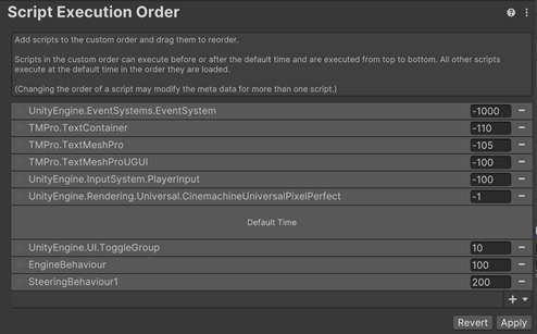 The Script Execution Order section of the Project Settings window displays a list of script classes and their currently configured execution order values.