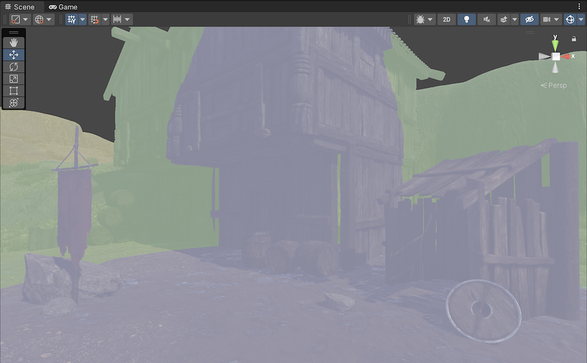 A wooden village scene in Shadow Cascades mode. The closest geometry is purple to represent the first shadow cascade. Geometry thats further away, for example the rear of a house, is green. The furthest geometry, for example a hill behind the houses, is yellow.