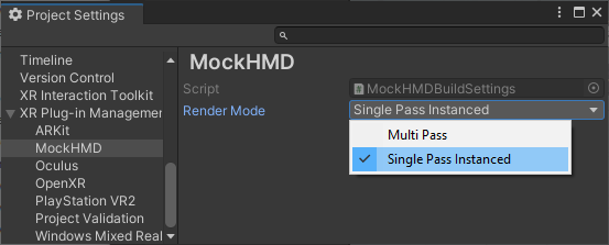 Render mode options in the MockHMD provider plug-in