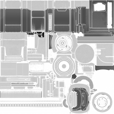 The metallic map. The lighter areas are values nearer 1 for metal surfaces, and the mid to low greys are values nearer 0 for non-metal surfaces.