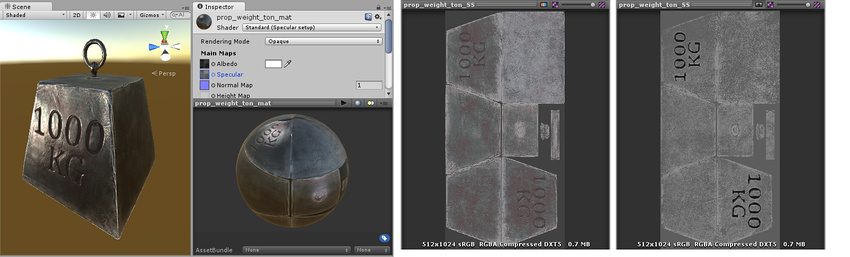 The same model, but with a specular map assigned, instead of using a constant value. This allows the specularity to vary across the surface of the model. Notice the edges have a higher specular effect than the centre, there are some subtle colour responses to the light, and the area inside the lettering no longer has specular highlights. 
