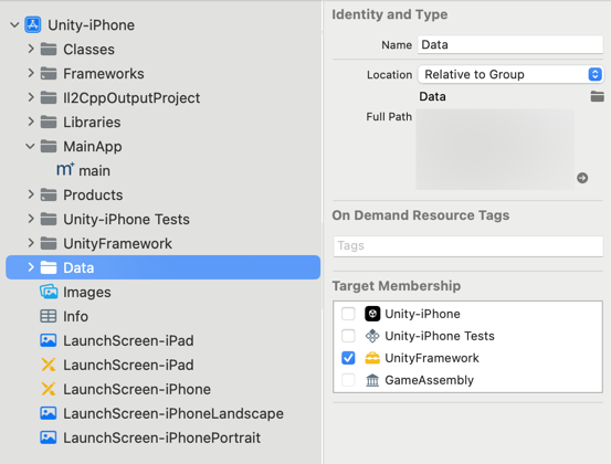 Data folder with the Target Membership set to UnityFramework.