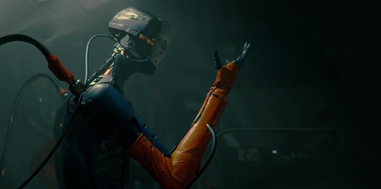 A scene from Adam, a short film created with the Built-In Render Pipeline. A robot studies its hand and arm.