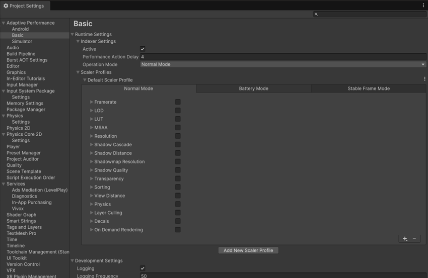 The Adaptive Performance provider settings in the Project Settings window, showing the Operation Mode setting and the Normal Mode, Battery Mode, and Stable Frame Mode scaler tabs.