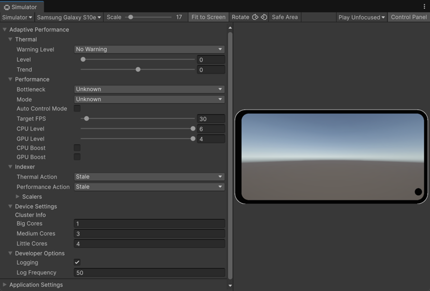Adaptive Performance settings in the Device Simulator.