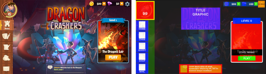 A good practice is to have a detailed mockup or wireframe (left) and identify and block out the elements to recreate the design in UI Toolkit (right).