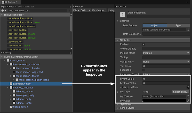 Custom attributes appear in the UI Builders Inspector