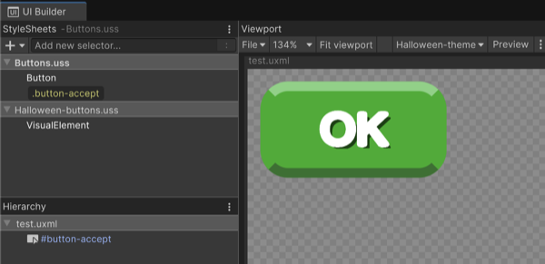 The TSS for the Halloween theme represented in this screenshot uses the Halloween-buttons.uss but there’s no matching selector for the button’s in-use selector .button-accept, so it uses the one applied in the original theme.
