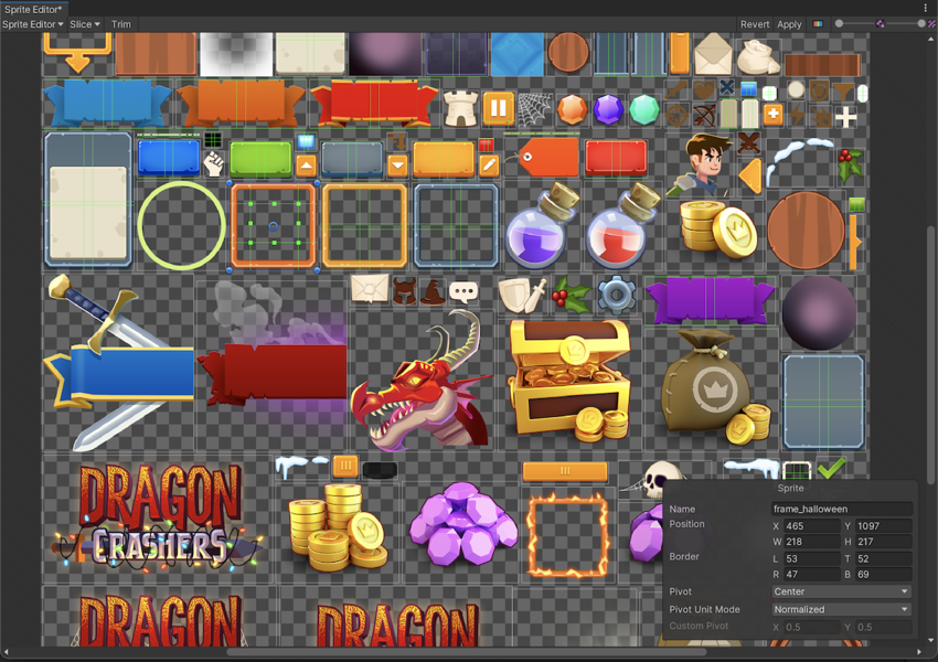 A typical game UI atlas from the UI Toolkit Sample -- Dragon Crashers