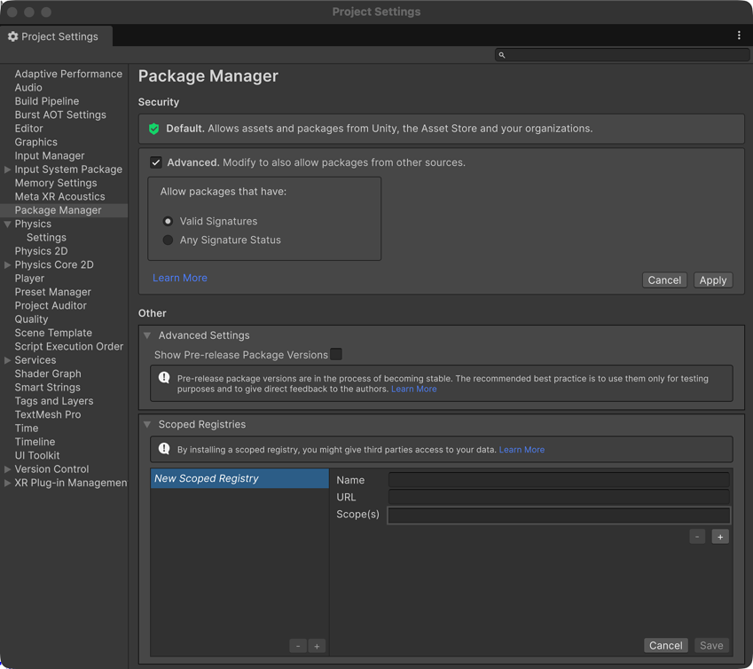 The Package Manager project settings window, showing the Security section and the Other section.