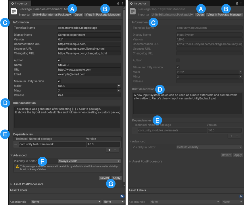 The Package Manifest window for a mutable package (left) and an immutable package (right)