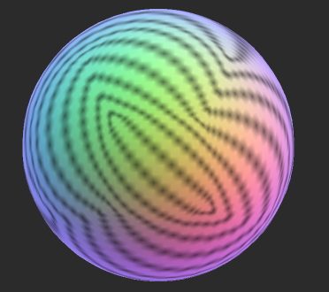A sphere with the rainbow color pattern the shader draws.