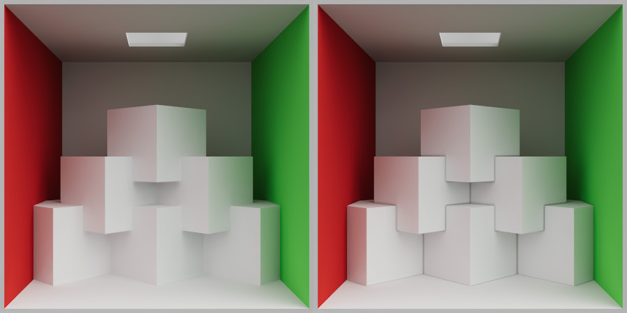 Double-Sided Global Illumination disabled (left) and enabled (right)