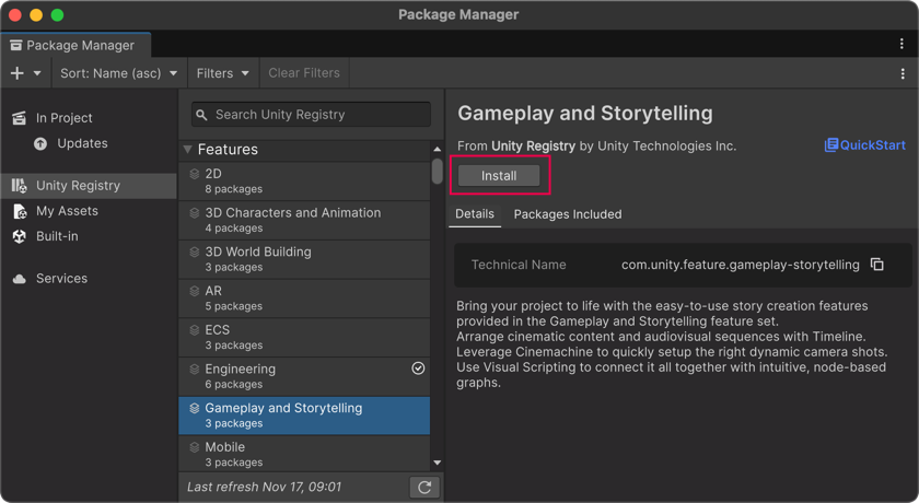 Install button in the corner of the details panel