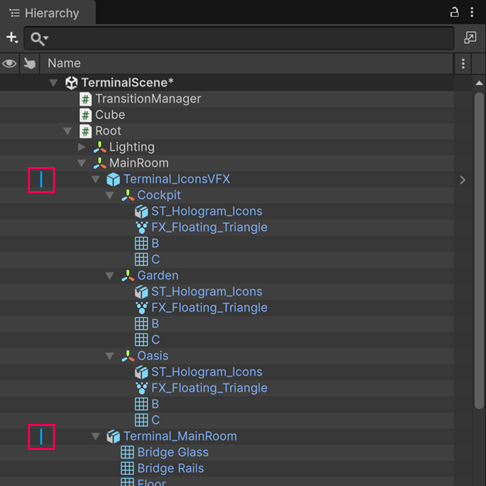 In the Hierarchy window, an override indicator marks each parent prefab that has child GameObjects with non-default override values.