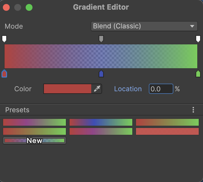 The Gradient Editor. It has three color stops with different colors, and three alpha stops going from solid at both edges to half transparent in the middle.