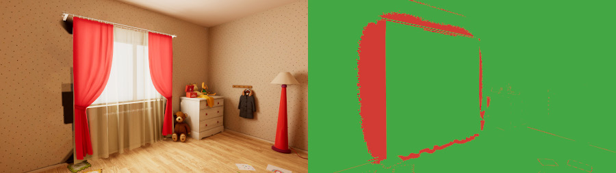 One-sided curtain mesh causing invalid texel artifacts after baking (left)