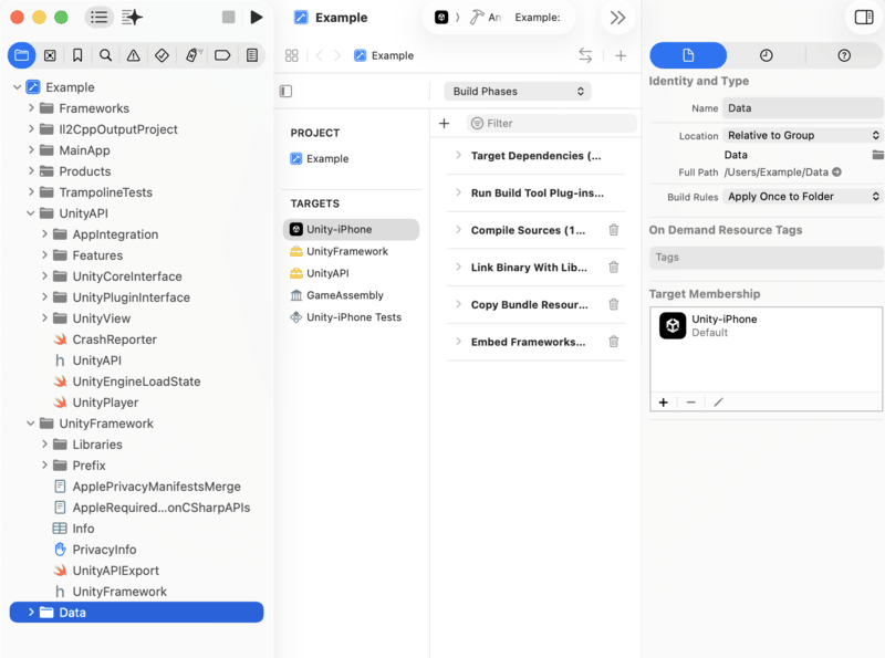 Data folder with the Target Membership set to Unity-iPhone