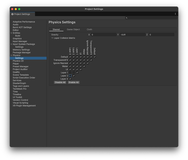 Layer Collision Matrix selected in the Project Settings window.